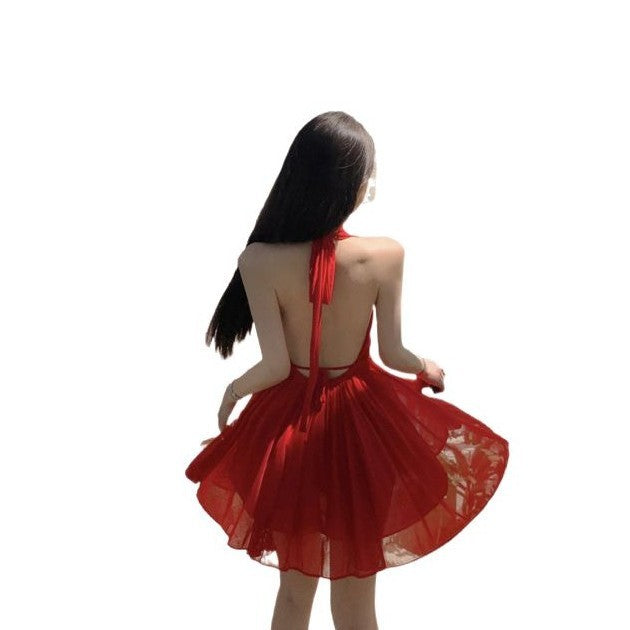 French Style Temperament Red Halter Dress Women