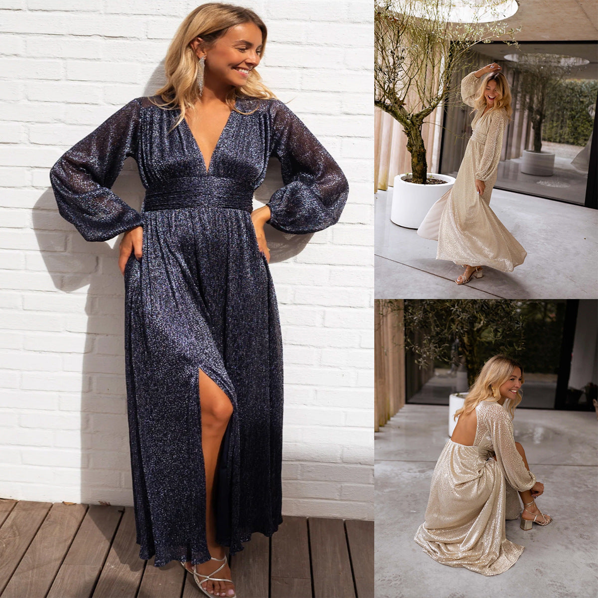 New Sequined Split Dress Long Sleeve V-neck