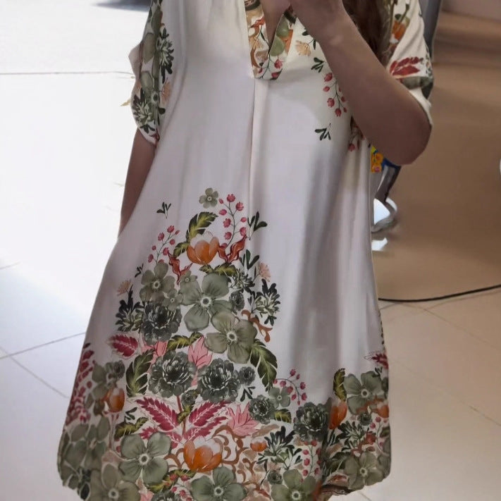 Lantern Sleeve Midi Dress Digital Printing Plus Size