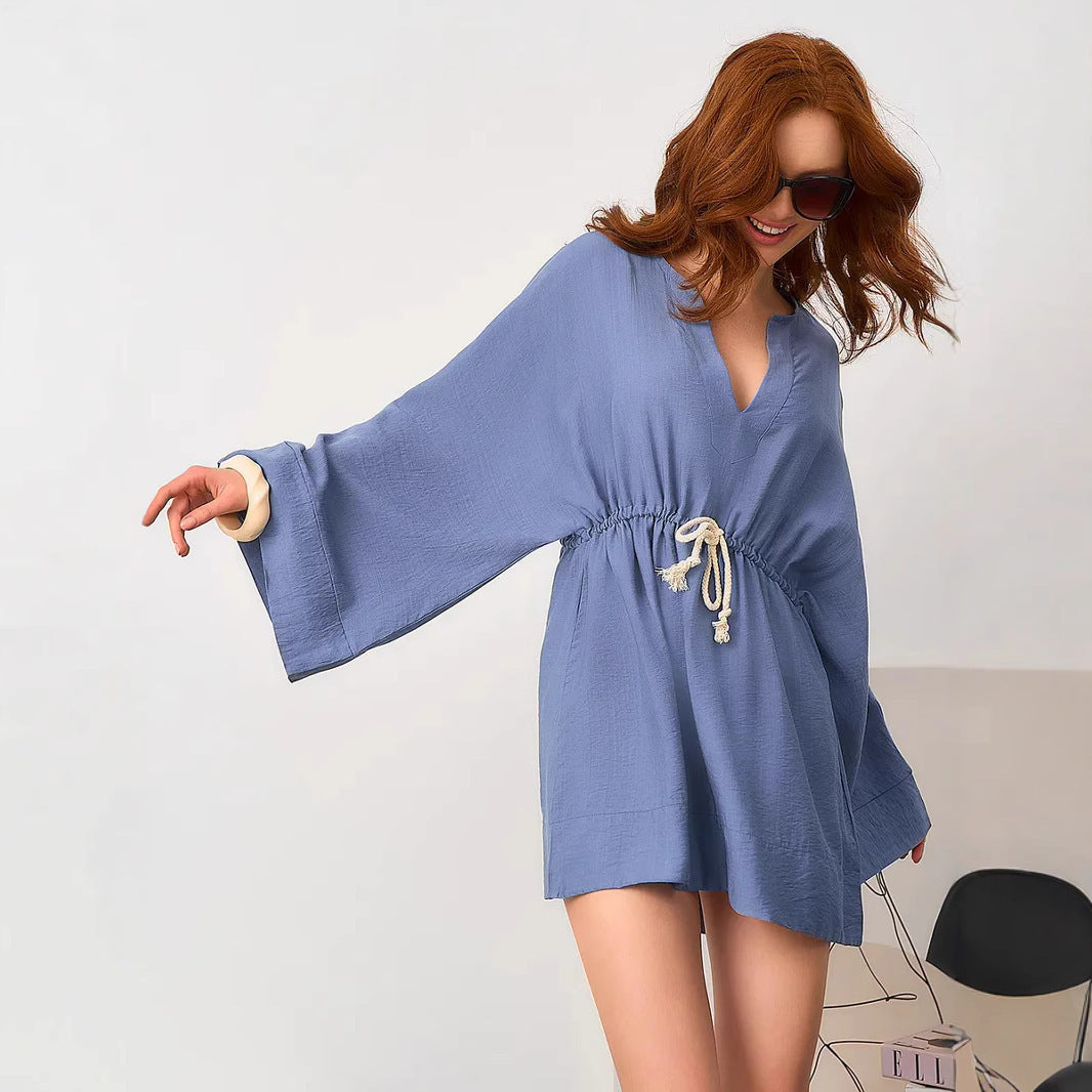 Solid Color Loose V-neck Long-sleeved Shirt Dress