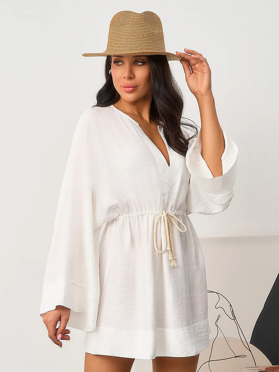 Solid Color Loose V-neck Long-sleeved Shirt Dress