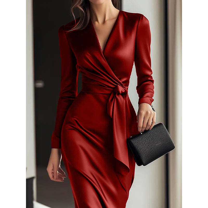 Women's Burgundy Satin Midi Dress Elegant V-Neck Long Sleeve Bodycon Dress With Belted Waist