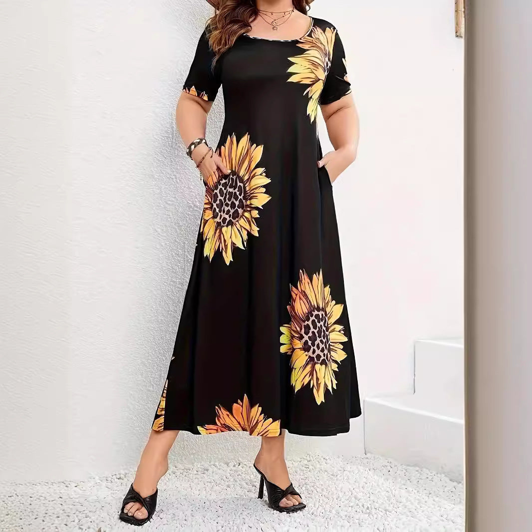 Sunflower Print Loose Short Sleeve Dress
