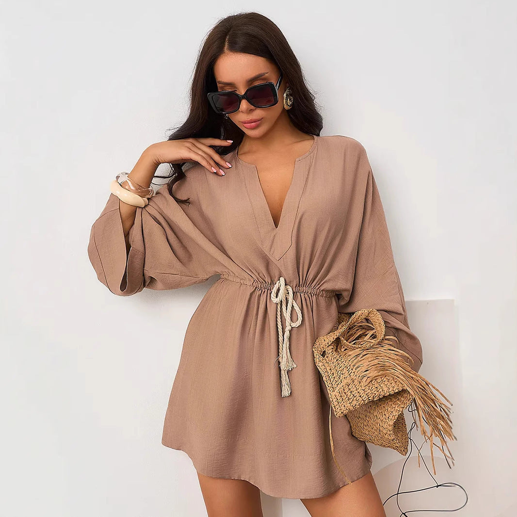 Solid Color Loose V-neck Long-sleeved Shirt Dress