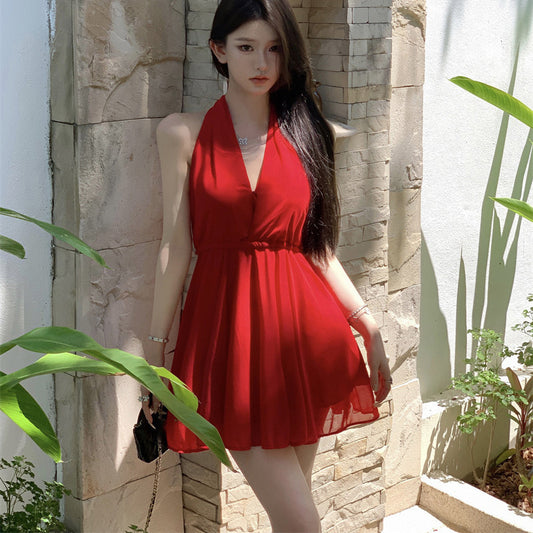 French Style Temperament Red Halter Dress Women