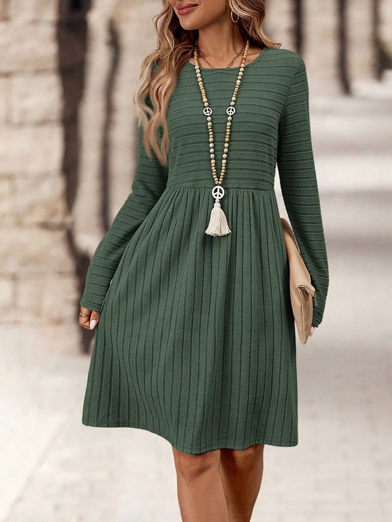 Solid Color Round Neck Long Sleeve Casual Dress