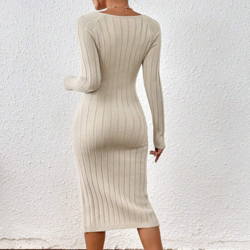 Square Collar Long Sleeve Knitted Dress Women