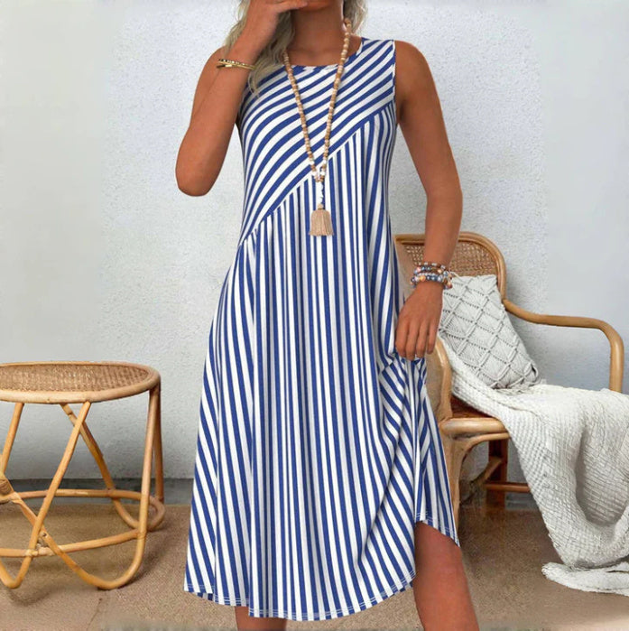 Summer Blue And White Striped Casual Loose Dress