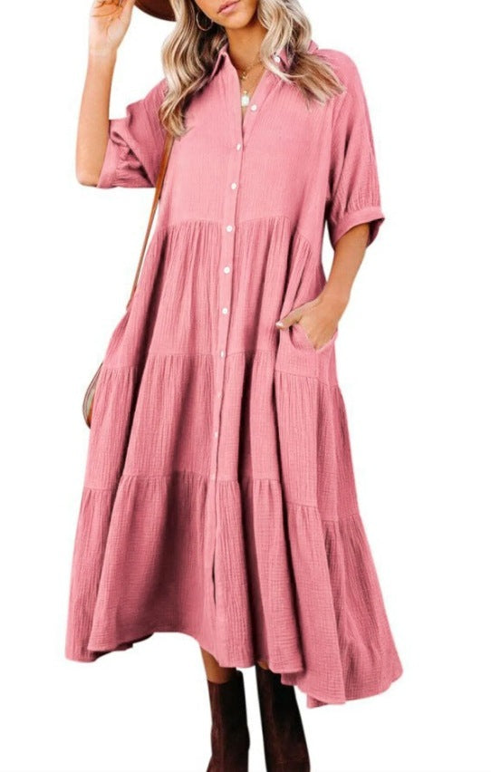 Women's Long Sleeve Button Dress Casual Dress