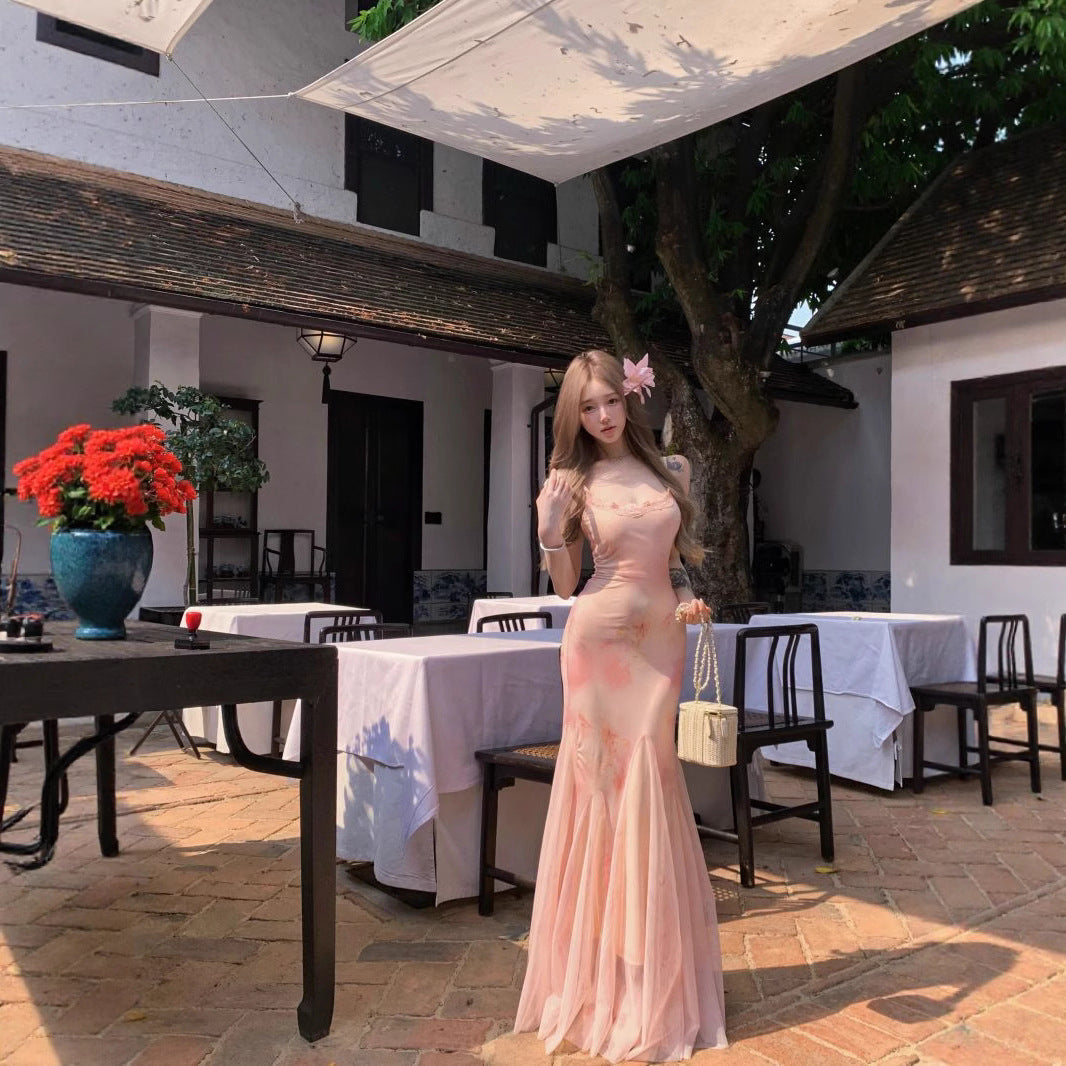 Lace Stitching Printing Straps Tulle Fishtail Dress