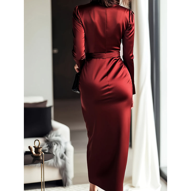 Women's Burgundy Satin Midi Dress Elegant V-Neck Long Sleeve Bodycon Dress With Belted Waist