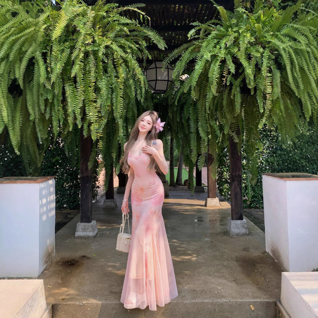 Lace Stitching Printing Straps Tulle Fishtail Dress