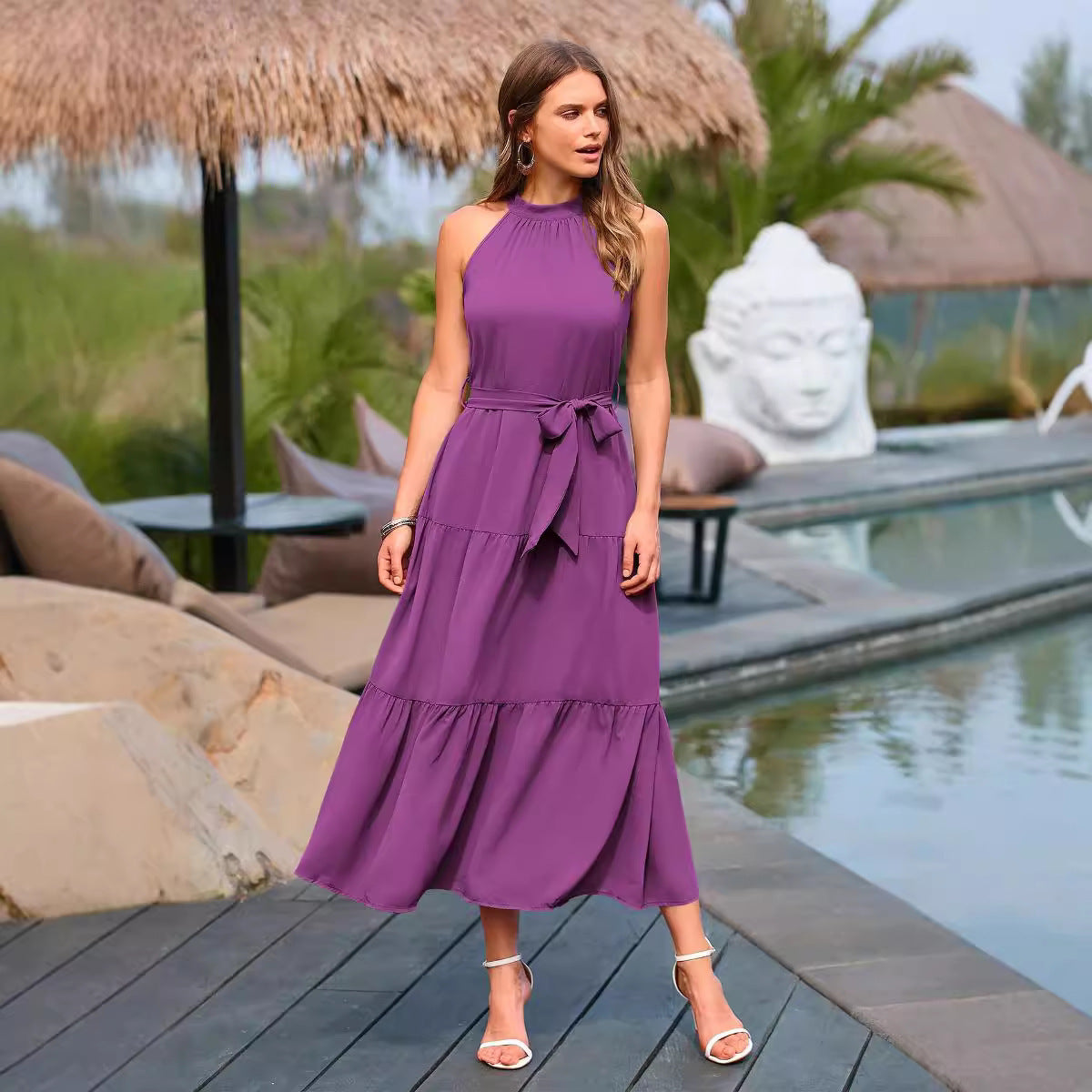 Halter Lace-up Casual Loose Stitching Dress