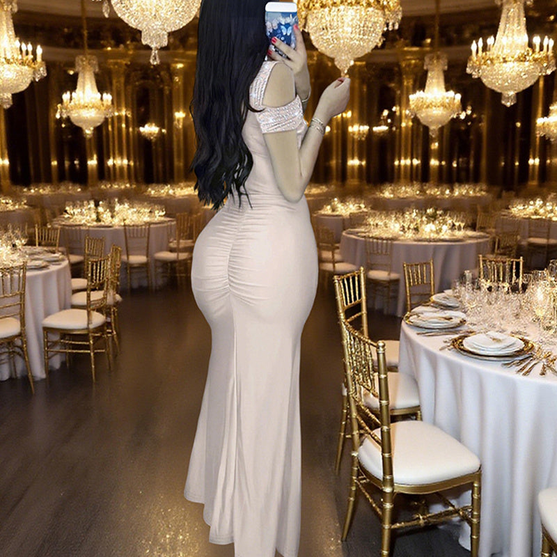 Women's Elegant V-Neck Off-Shoulder Bodycon Dress With High Waist & Thigh Slit - Sparkly Sequin Evening Gown