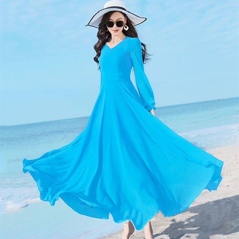Double-layer Swing Slimming Long-sleeved Chiffon Women's Mid-length Over-the-knee Dress