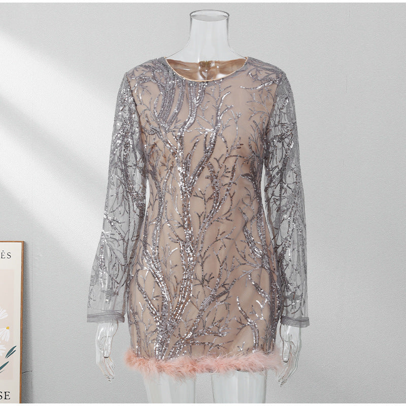 Long Sleeve Bright Silk Fur Splicing Skirt European And American