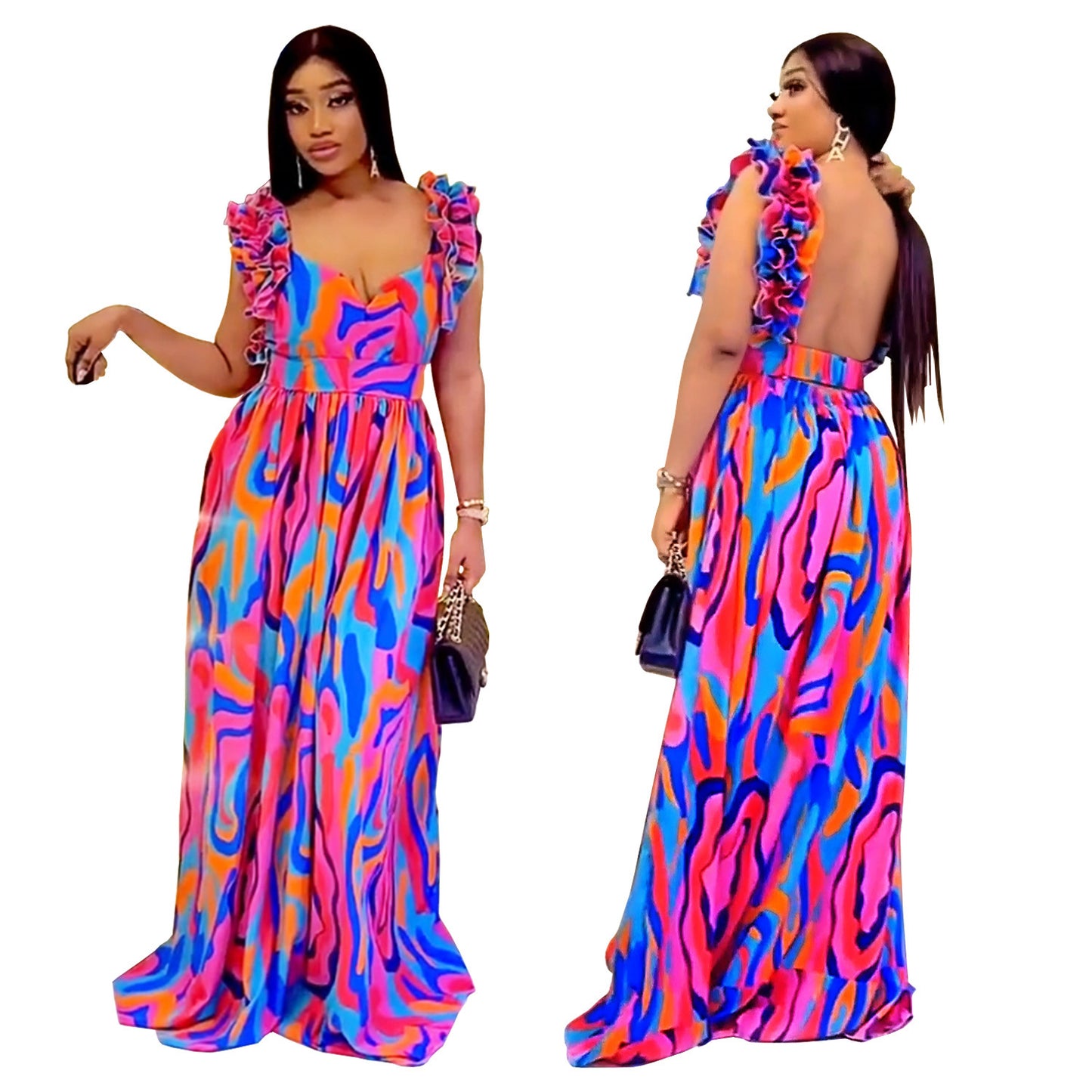 European And American Fashion Women's Wear Elegant Ruffled Shoulder Strap Printed Dress