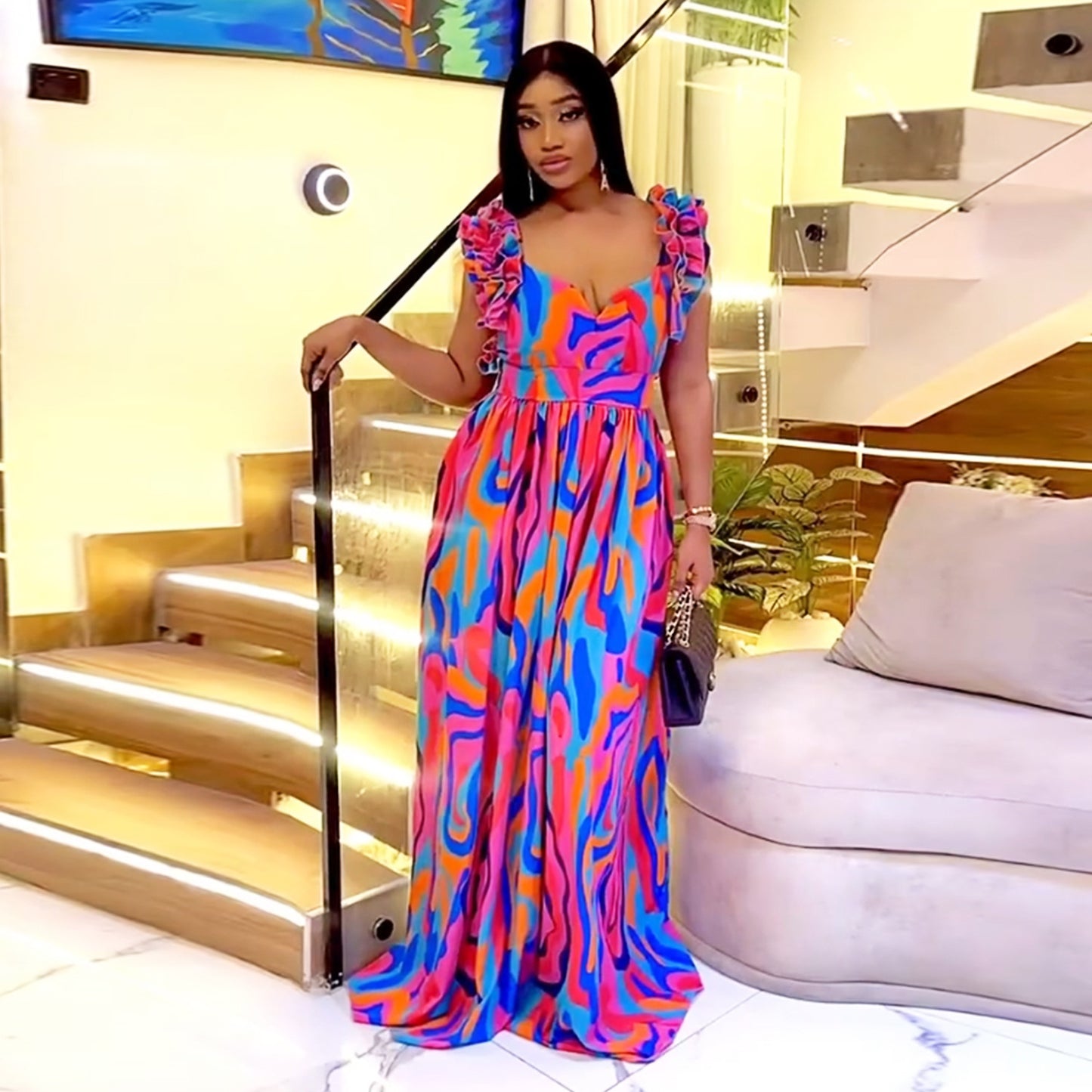 European And American Fashion Women's Wear Elegant Ruffled Shoulder Strap Printed Dress