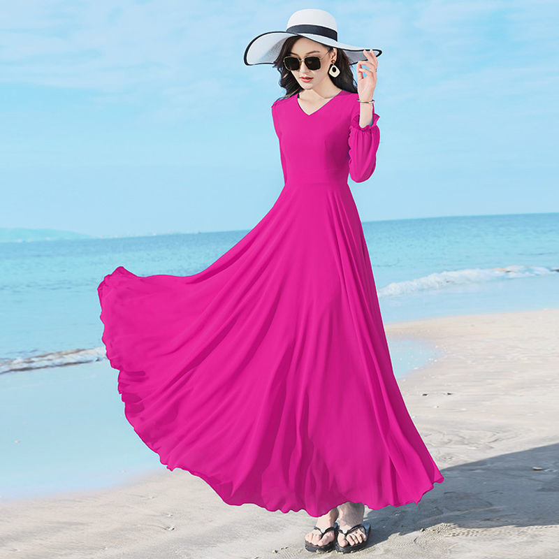 Double-layer Swing Slimming Long-sleeved Chiffon Women's Mid-length Over-the-knee Dress