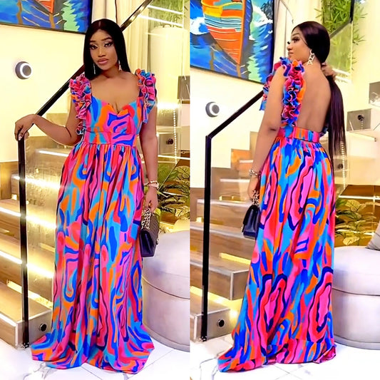 European And American Fashion Women's Wear Elegant Ruffled Shoulder Strap Printed Dress