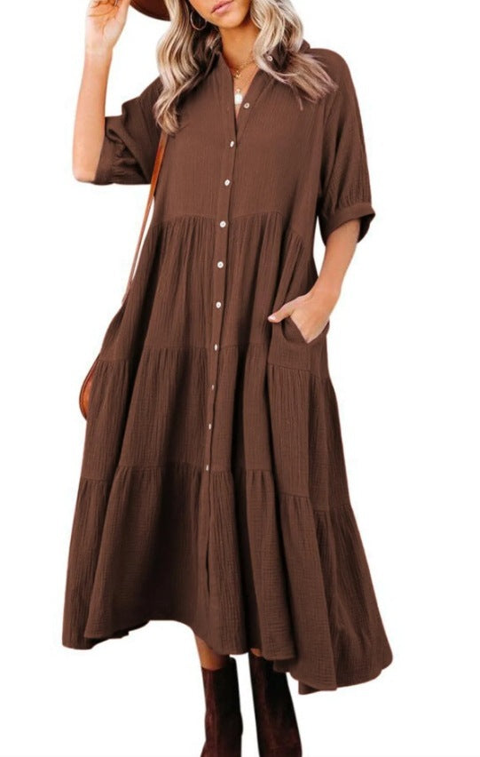 Women's Long Sleeve Button Dress Casual Dress