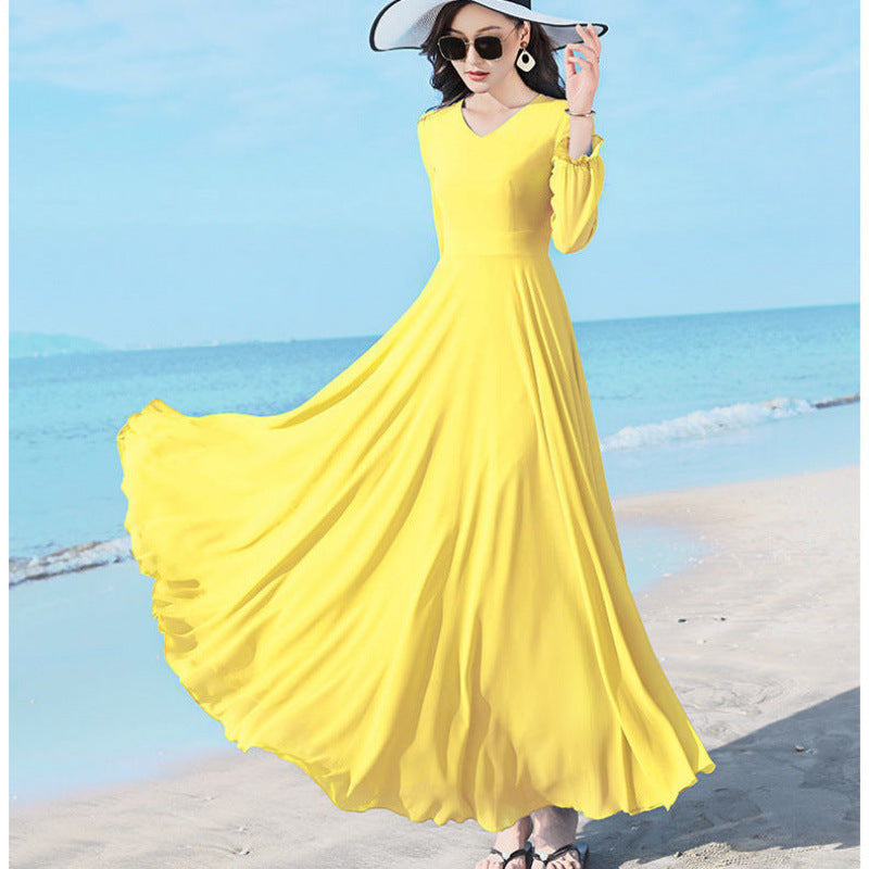 Double-layer Swing Slimming Long-sleeved Chiffon Women's Mid-length Over-the-knee Dress