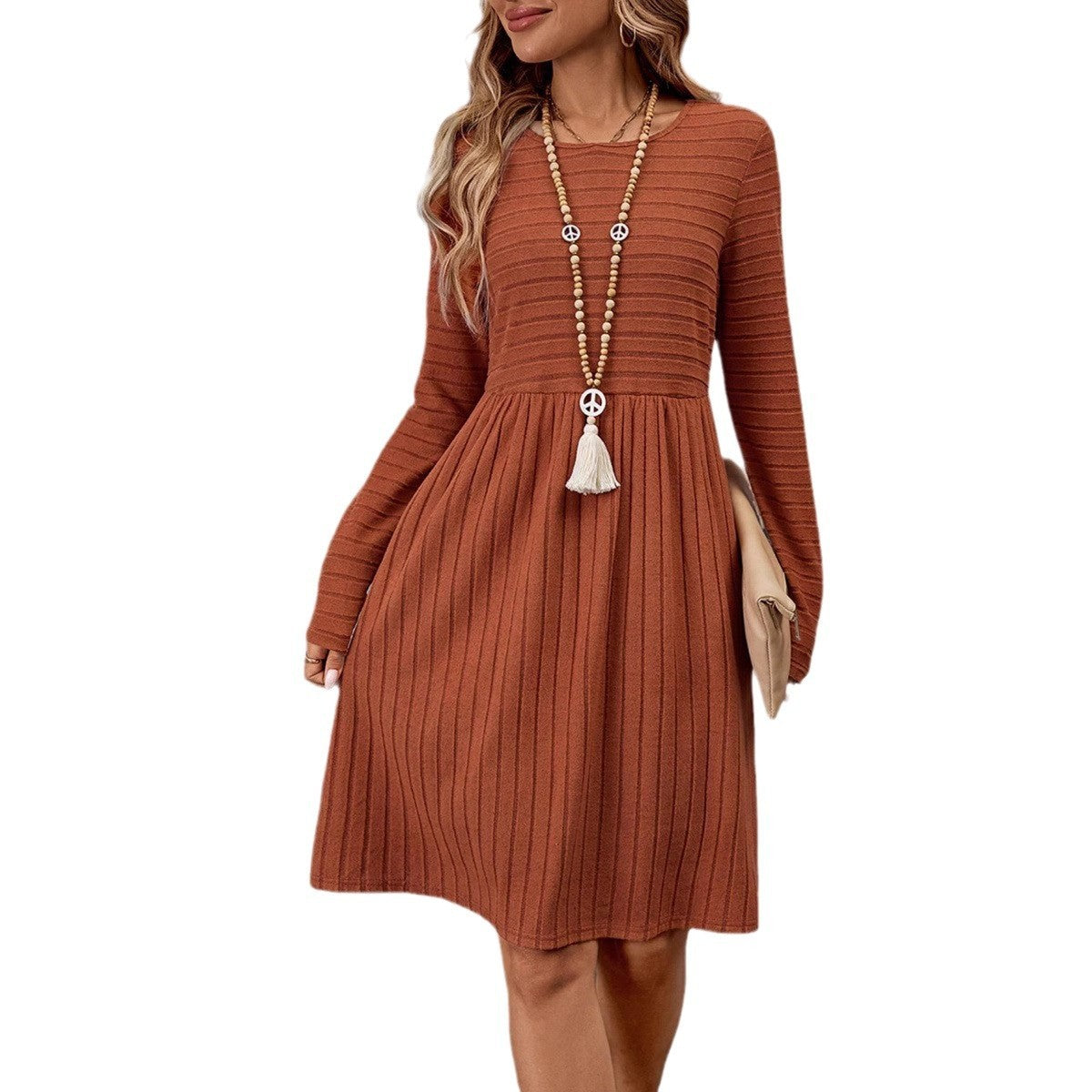 Solid Color Round Neck Long Sleeve Casual Dress