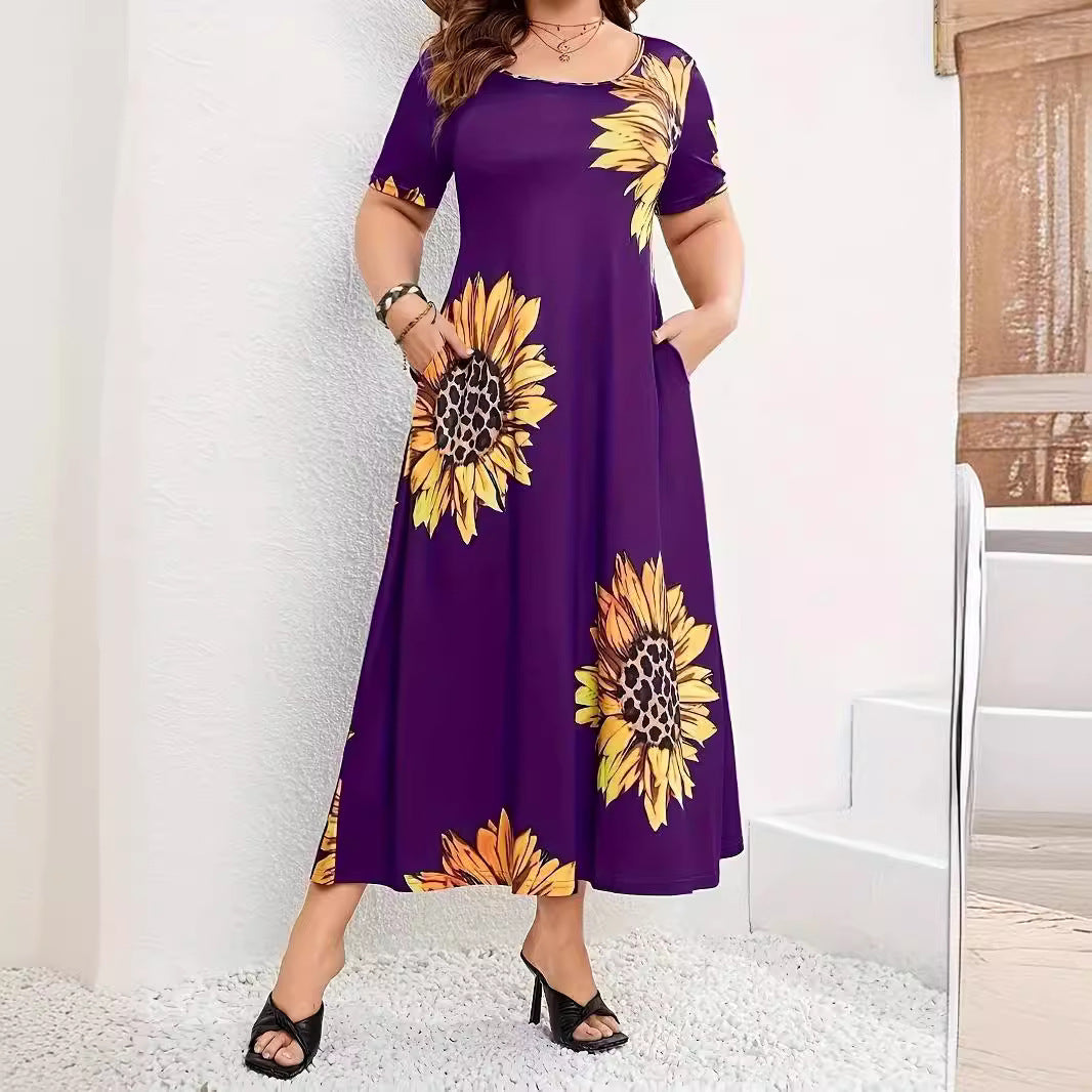 Sunflower Print Loose Short Sleeve Dress