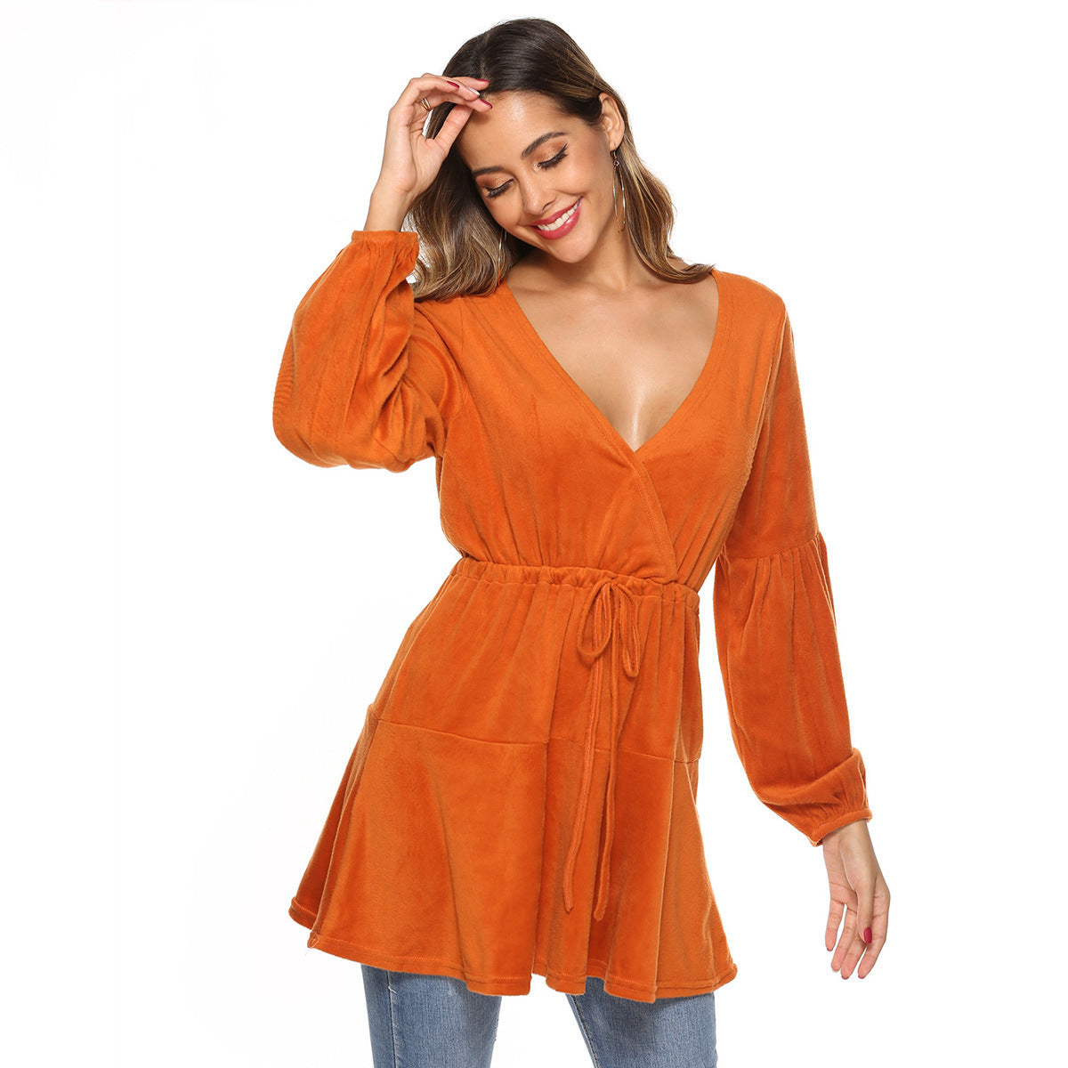 Cross V-neck Waist Girdling Band Knitted Dress