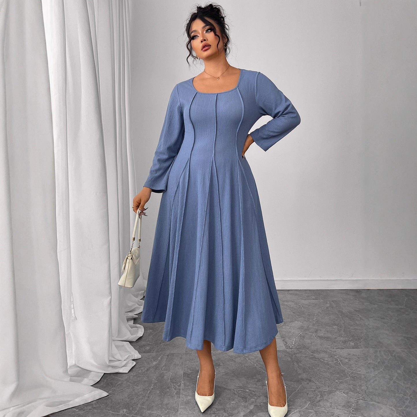 Square Collar Plus Size Loose High Waist Slimming Long Dress