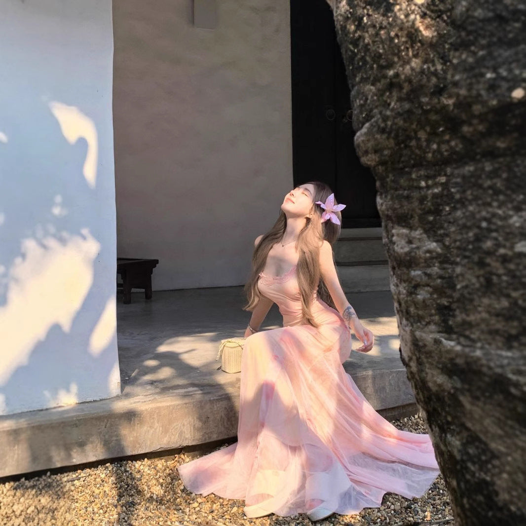 Lace Stitching Printing Straps Tulle Fishtail Dress