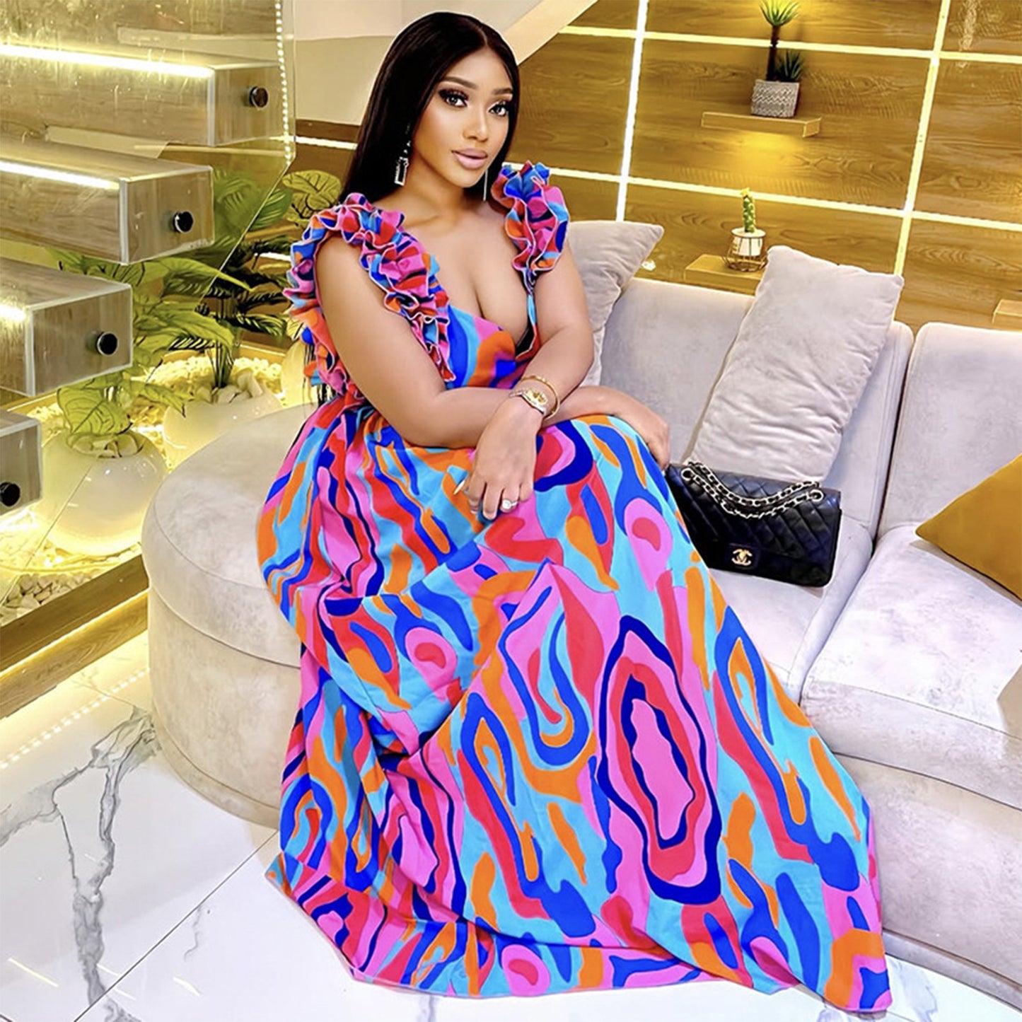 European And American Fashion Women's Wear Elegant Ruffled Shoulder Strap Printed Dress