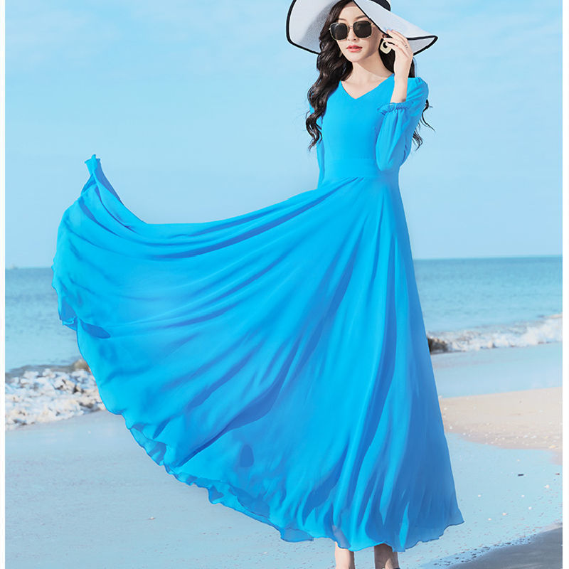 Double-layer Swing Slimming Long-sleeved Chiffon Women's Mid-length Over-the-knee Dress