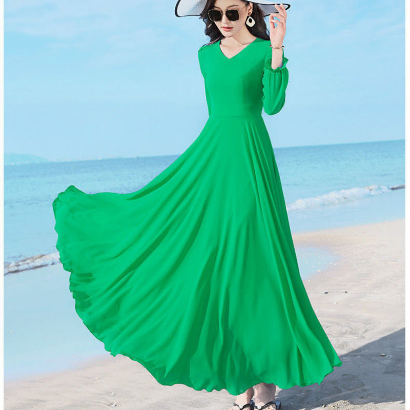 Double-layer Swing Slimming Long-sleeved Chiffon Women's Mid-length Over-the-knee Dress