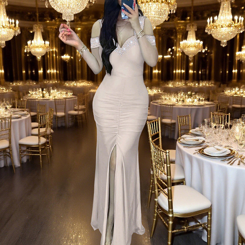 Women's Elegant V-Neck Off-Shoulder Bodycon Dress With High Waist & Thigh Slit - Sparkly Sequin Evening Gown