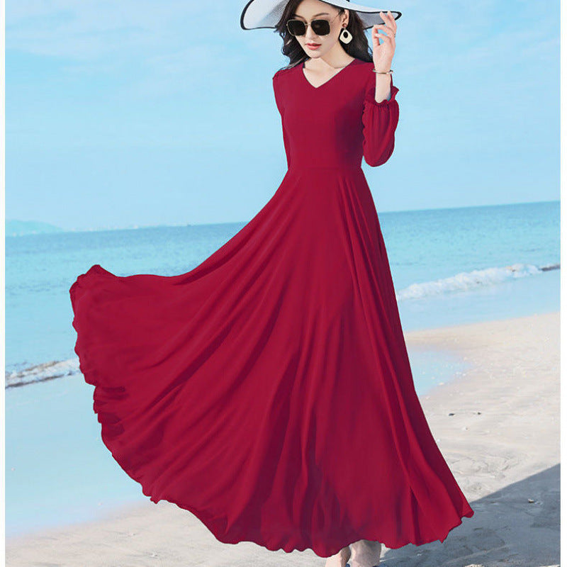 Double-layer Swing Slimming Long-sleeved Chiffon Women's Mid-length Over-the-knee Dress