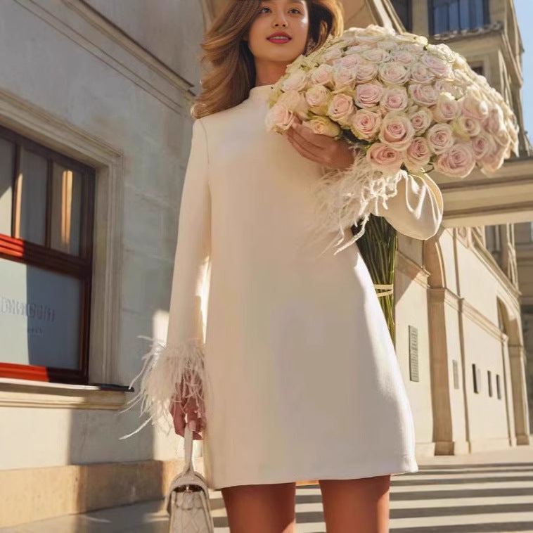 High-Grade Square Collar Ostrich Feather Long Sleeve Bandage Dress