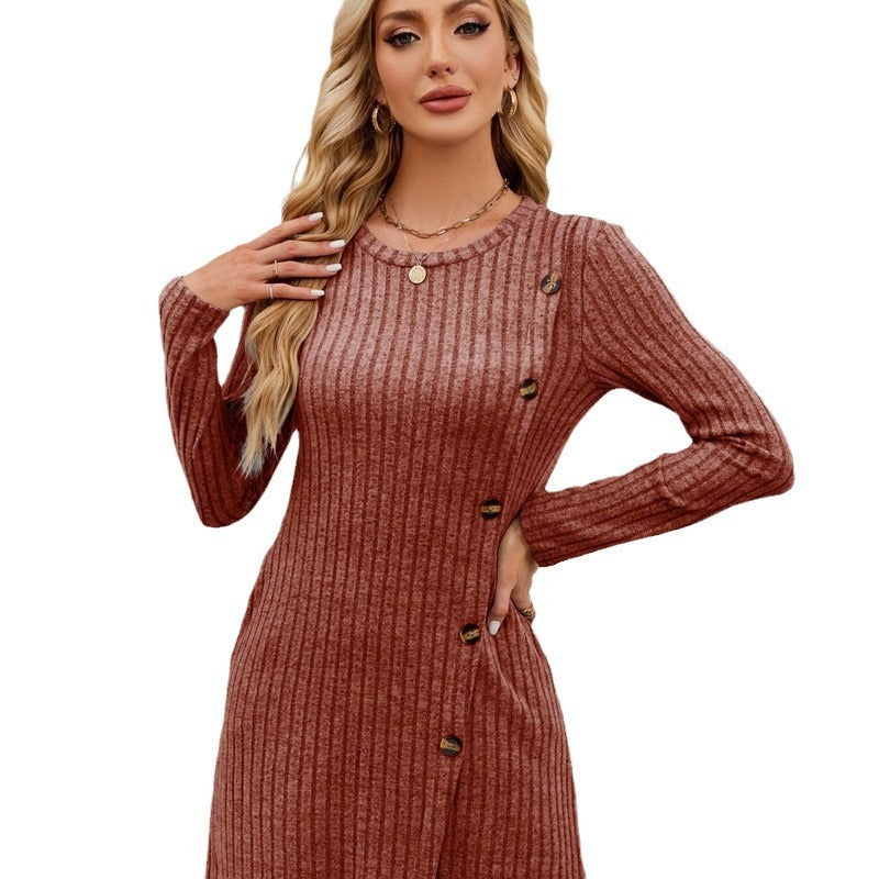 Women's Round Neck Side Button Pocket Long Sleeve Girdle Dress