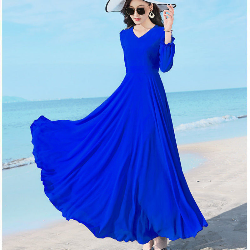 Double-layer Swing Slimming Long-sleeved Chiffon Women's Mid-length Over-the-knee Dress