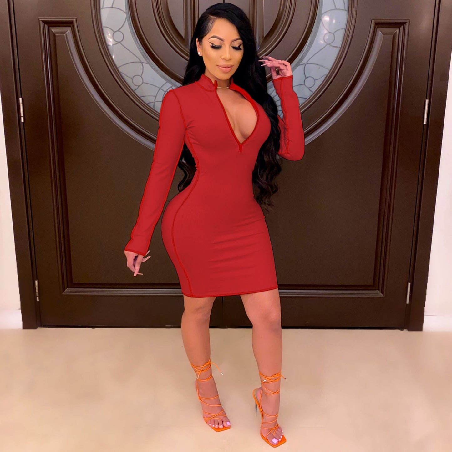 Sexy V Neck Mid Length Dress