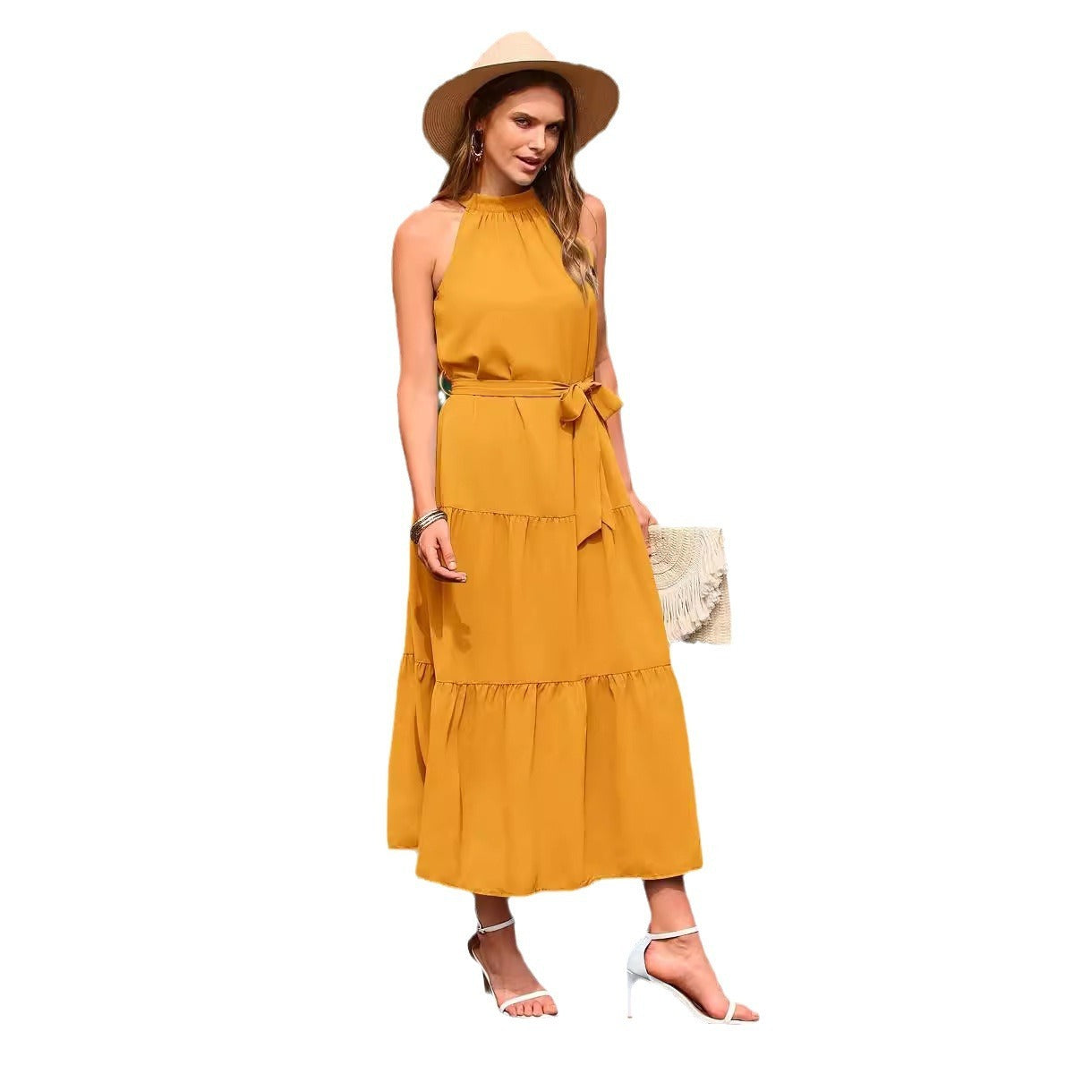 Halter Lace-up Casual Loose Stitching Dress