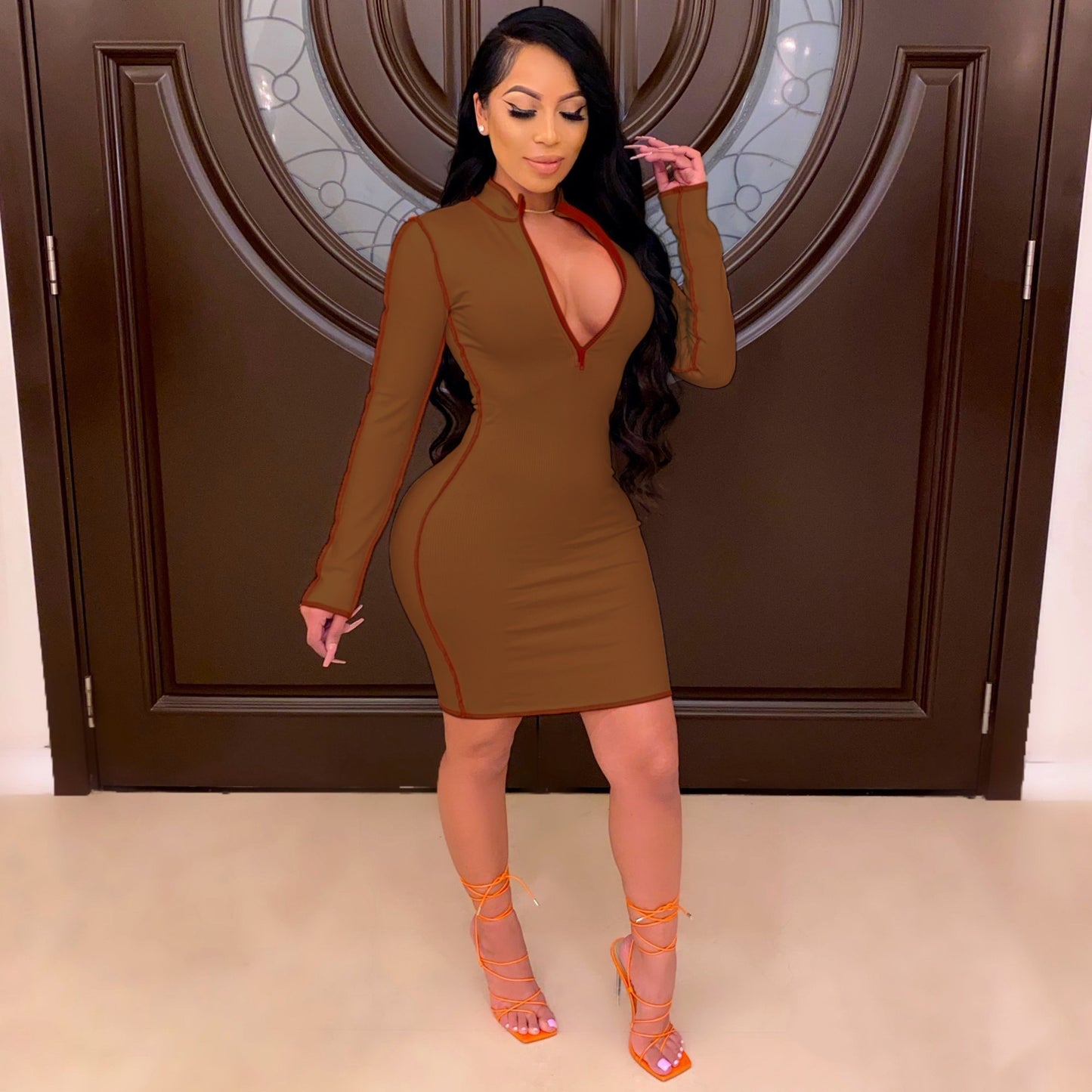 Sexy V Neck Mid Length Dress