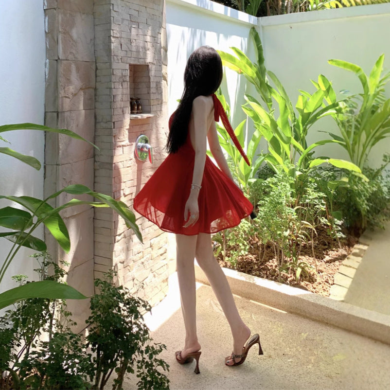 French Style Temperament Red Halter Dress Women