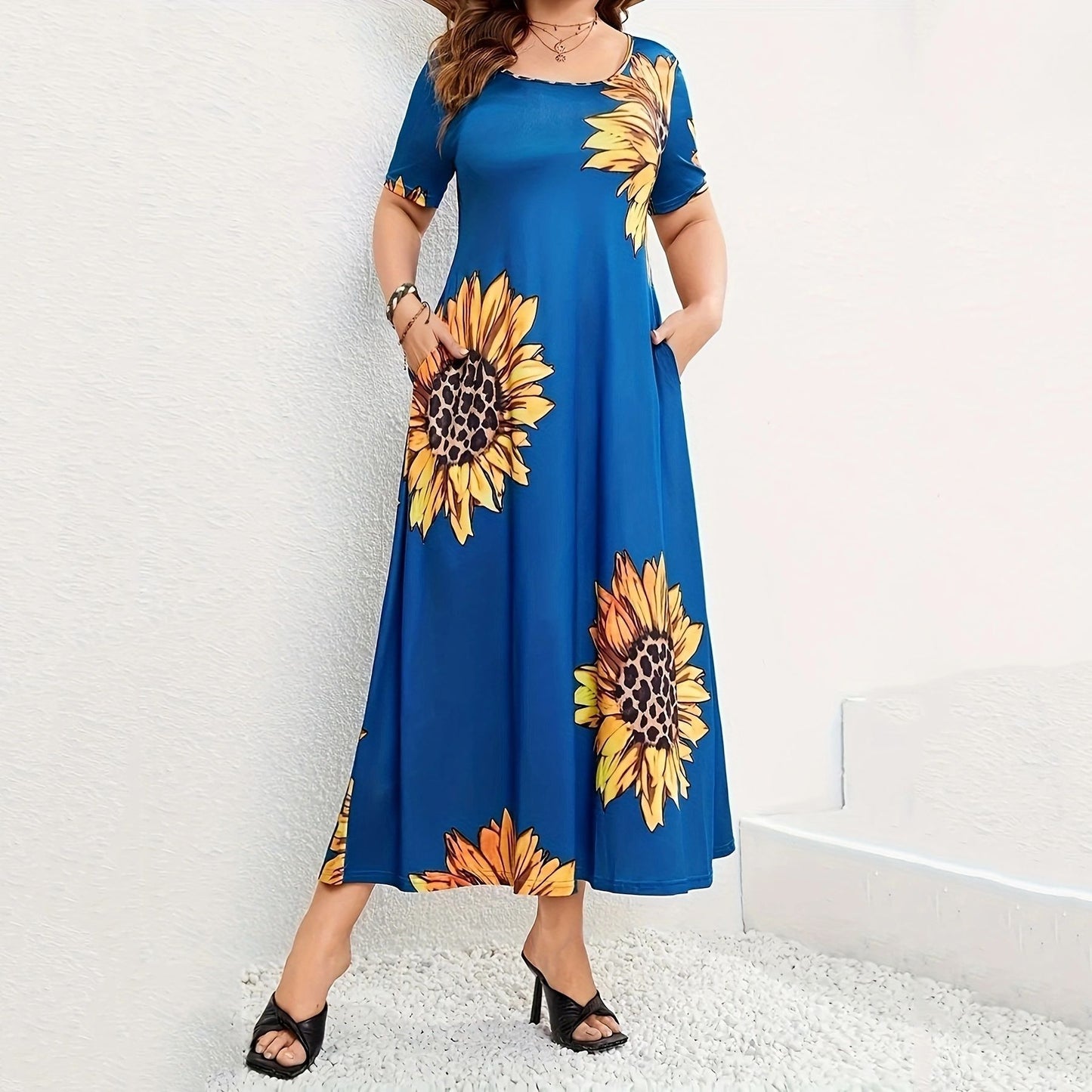 Sunflower Print Loose Short Sleeve Dress