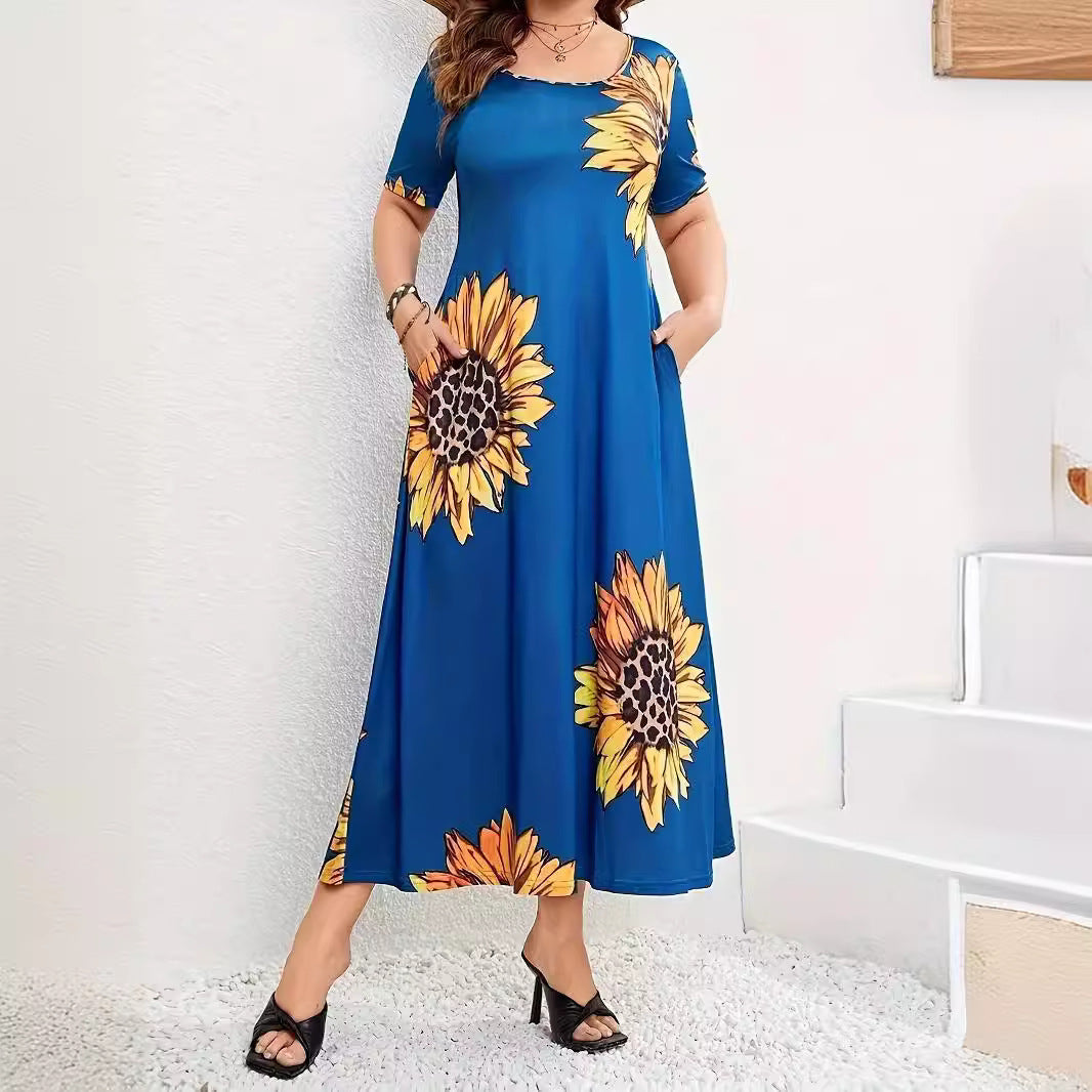 Sunflower Print Loose Short Sleeve Dress