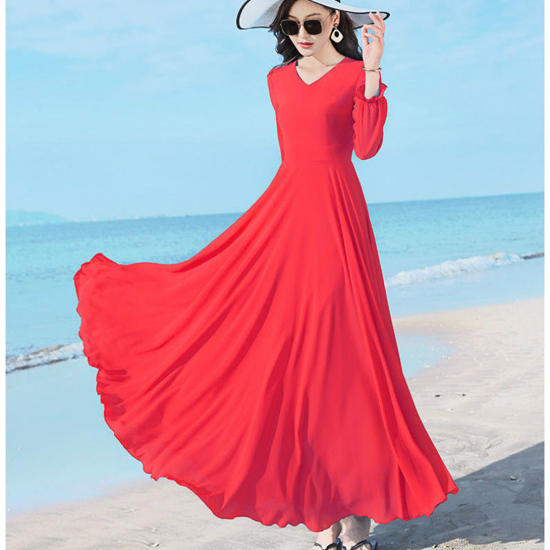 Double-layer Swing Slimming Long-sleeved Chiffon Women's Mid-length Over-the-knee Dress