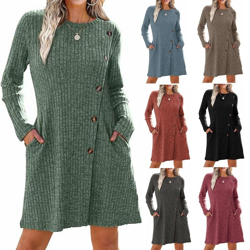 Women's Round Neck Side Button Pocket Long Sleeve Girdle Dress