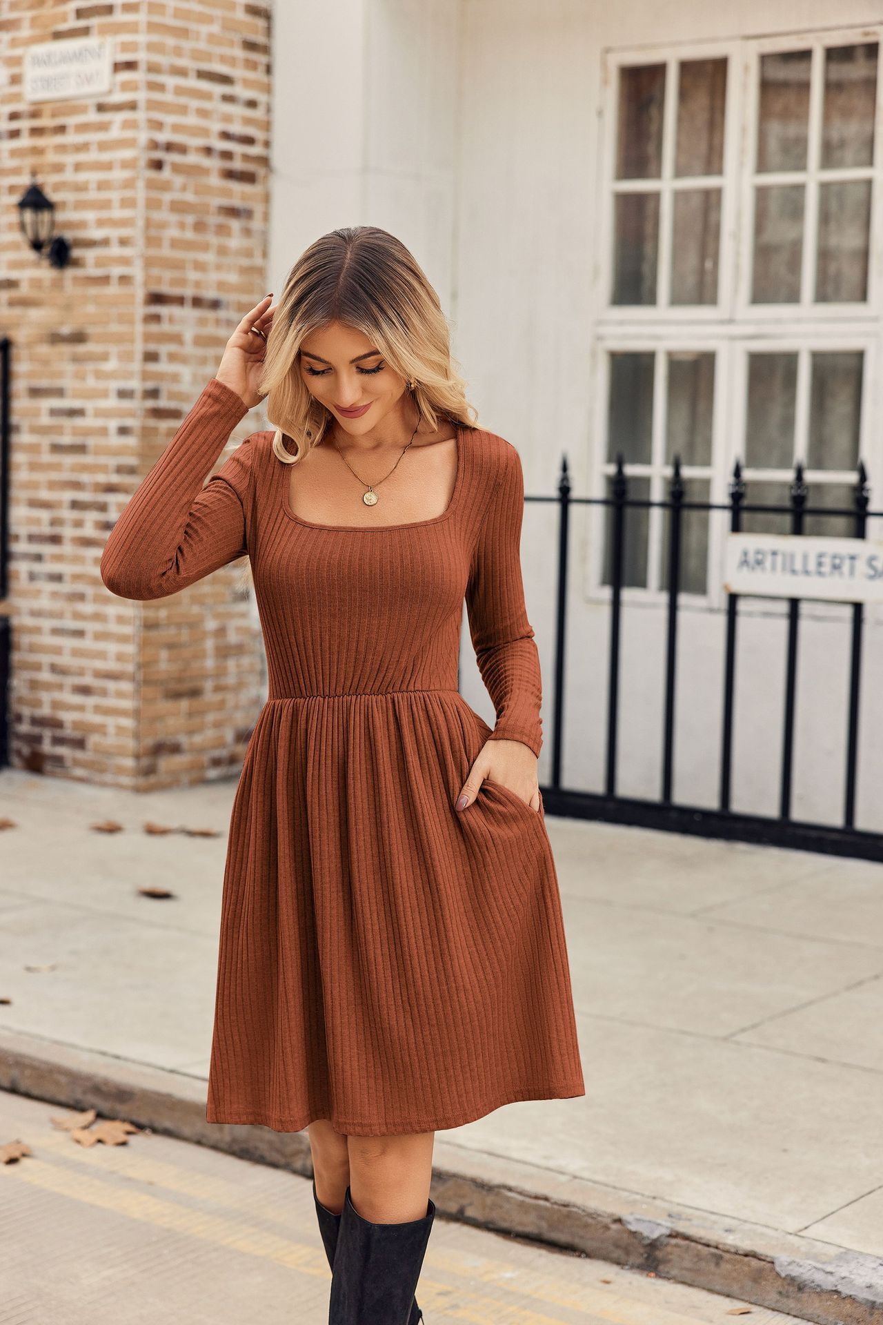 Roman Velvet Rib Long Sleeve Slim Fit Dress