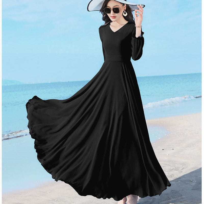 Double-layer Swing Slimming Long-sleeved Chiffon Women's Mid-length Over-the-knee Dress