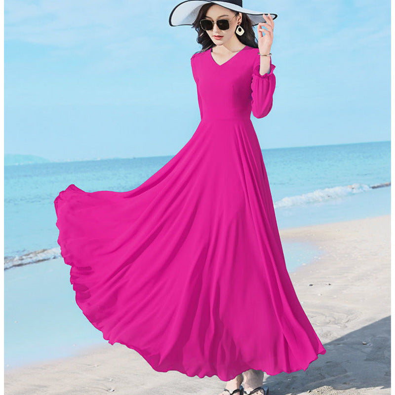 Double-layer Swing Slimming Long-sleeved Chiffon Women's Mid-length Over-the-knee Dress